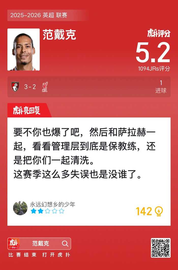 伯恩茅斯3比2战胜利物浦,范戴克表现引关注